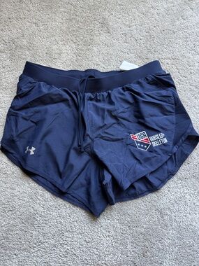 Under Armour Navy Women's Athletic Shorts with USA Bobsled & Skeleton Crest